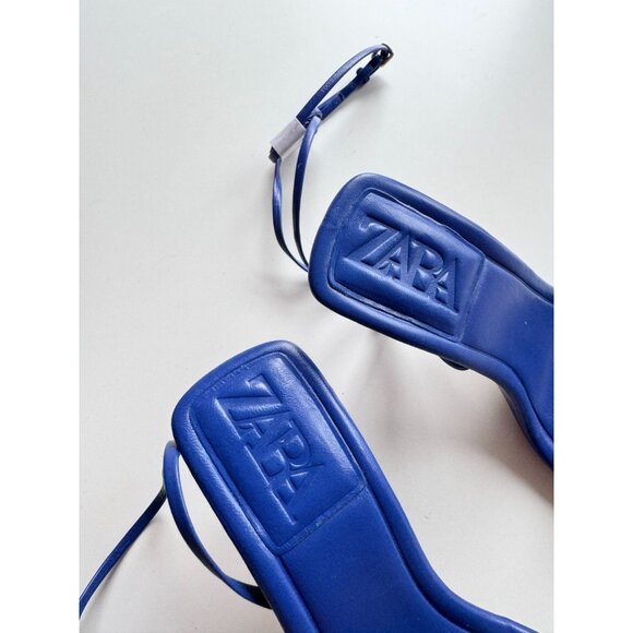 NWOT ZARA Blue Leather Square Toe Strappy High Heel Wraparound Sandals, Size 35 - Picture 3 of 15